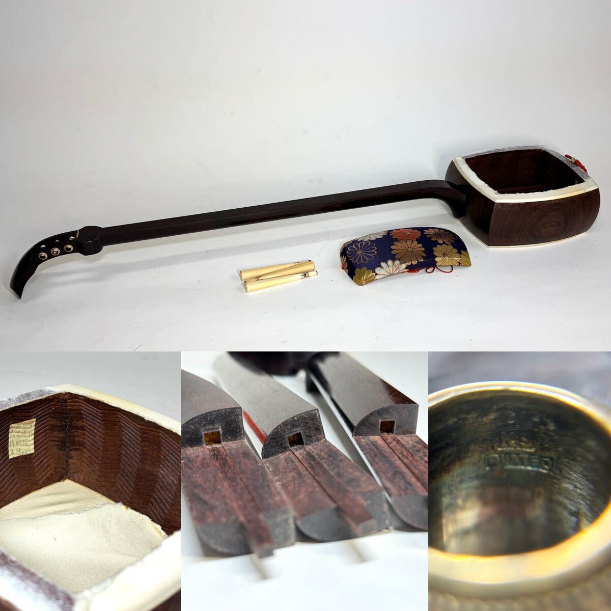 長唄三味線細棹子持ち綾杉胴金細K9刻印金具トチあり高級糸巻き棹24mm