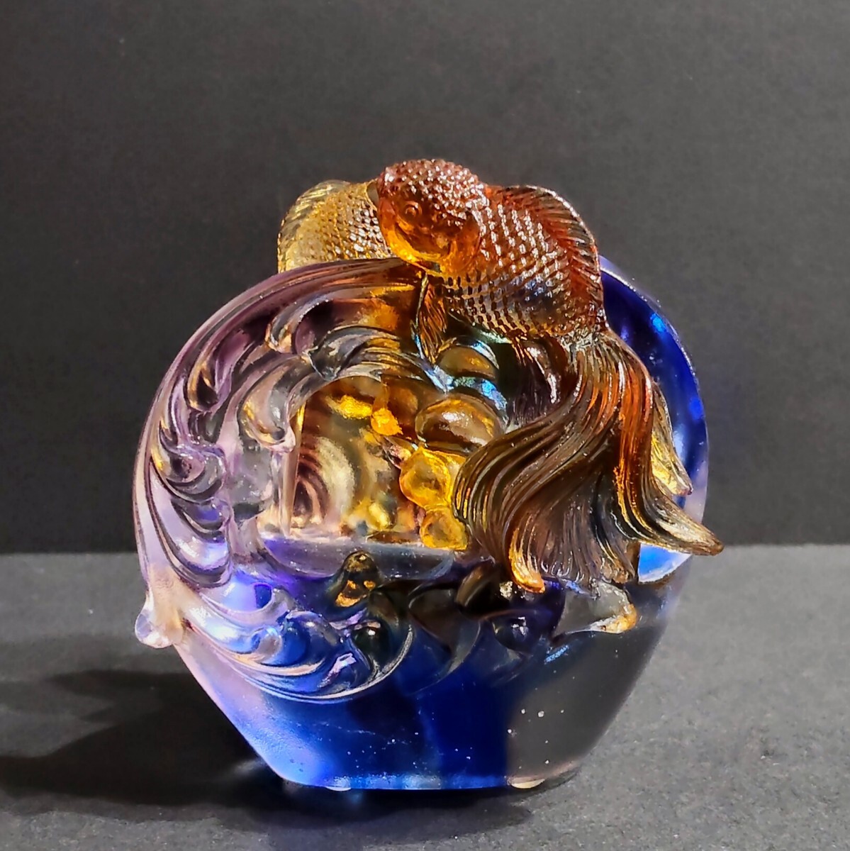 瑠璃ガラス硝子台湾金魚双魚名刺ホルダーインテリア中古送料無料即決