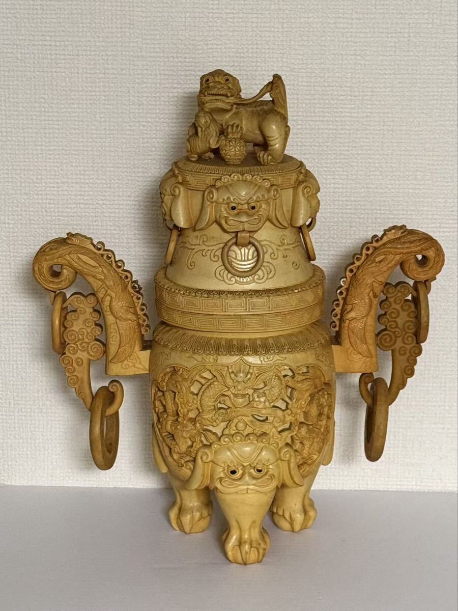 中国美術三足獅子双耳遊環龍鳳細密彫刻材質不明 香炉 置物 風水 - image 2