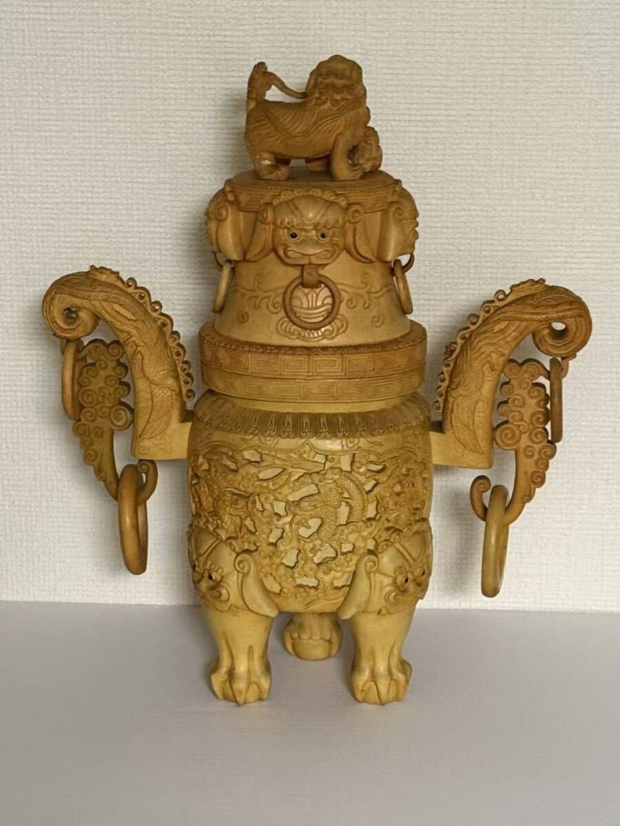 中国美術三足獅子双耳遊環龍鳳細密彫刻材質不明 香炉 置物 風水 - image 3