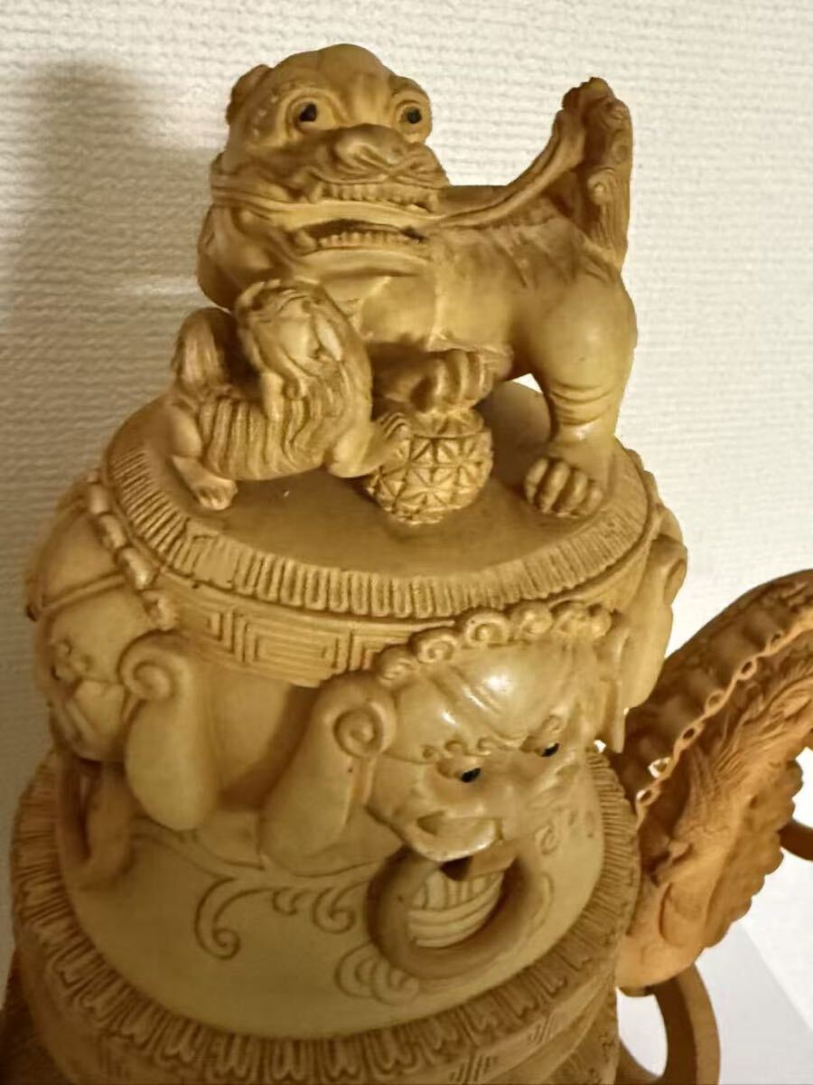 中国美術三足獅子双耳遊環龍鳳細密彫刻材質不明 香炉 置物 風水 - image 6