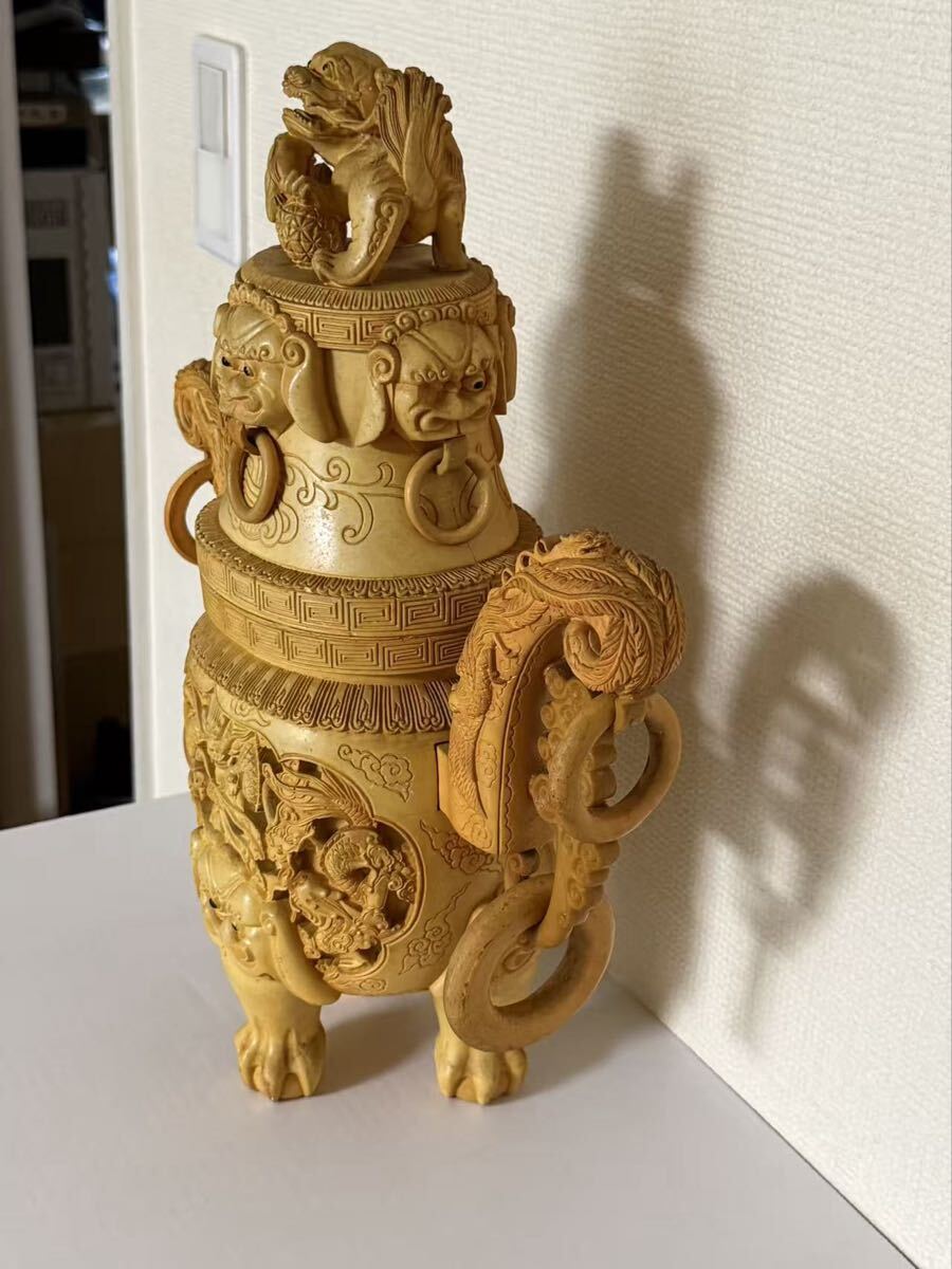 中国美術三足獅子双耳遊環龍鳳細密彫刻材質不明 香炉 置物 風水 - image 7