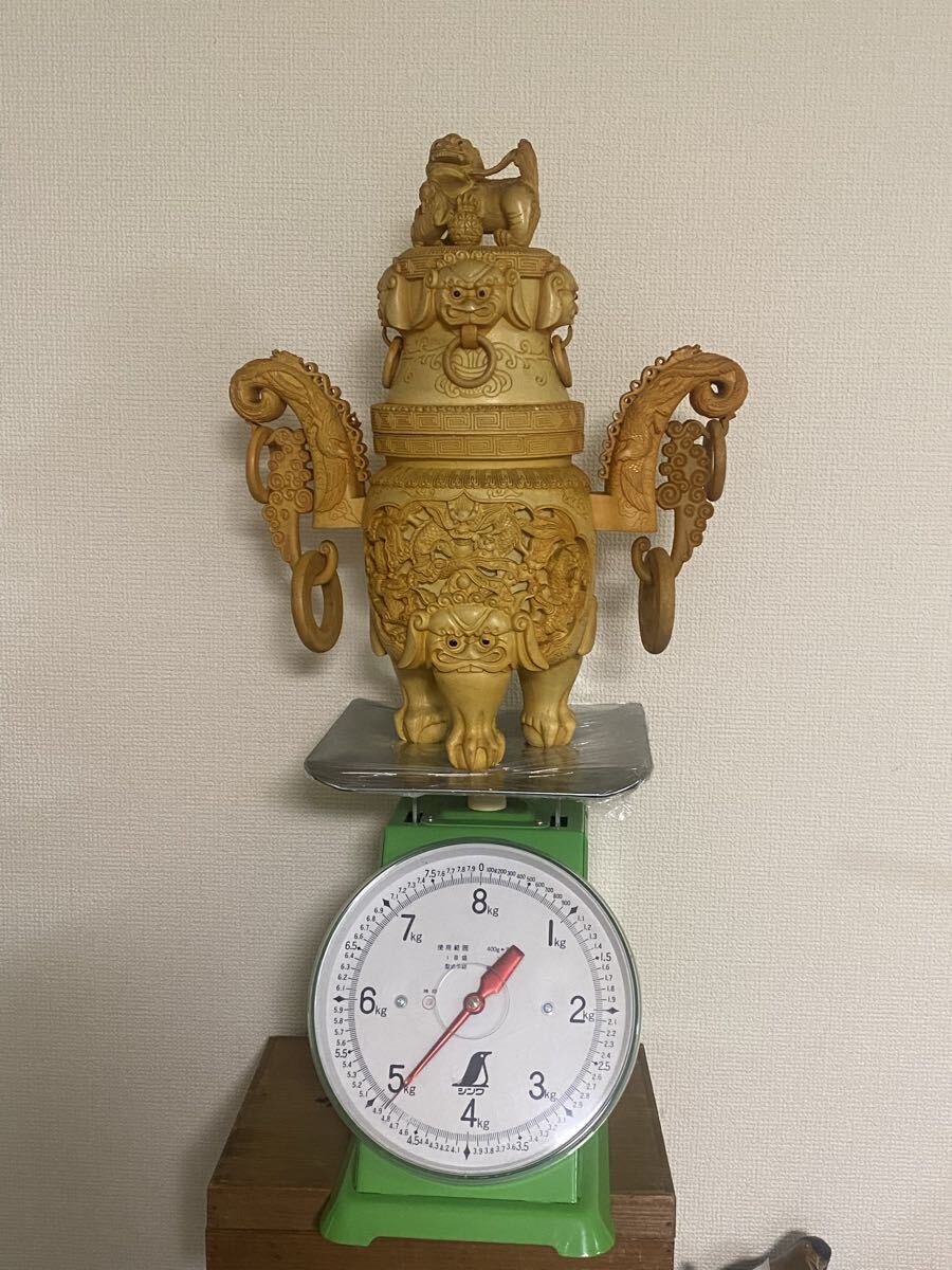 中国美術三足獅子双耳遊環龍鳳細密彫刻材質不明 香炉 置物 風水 - image 9