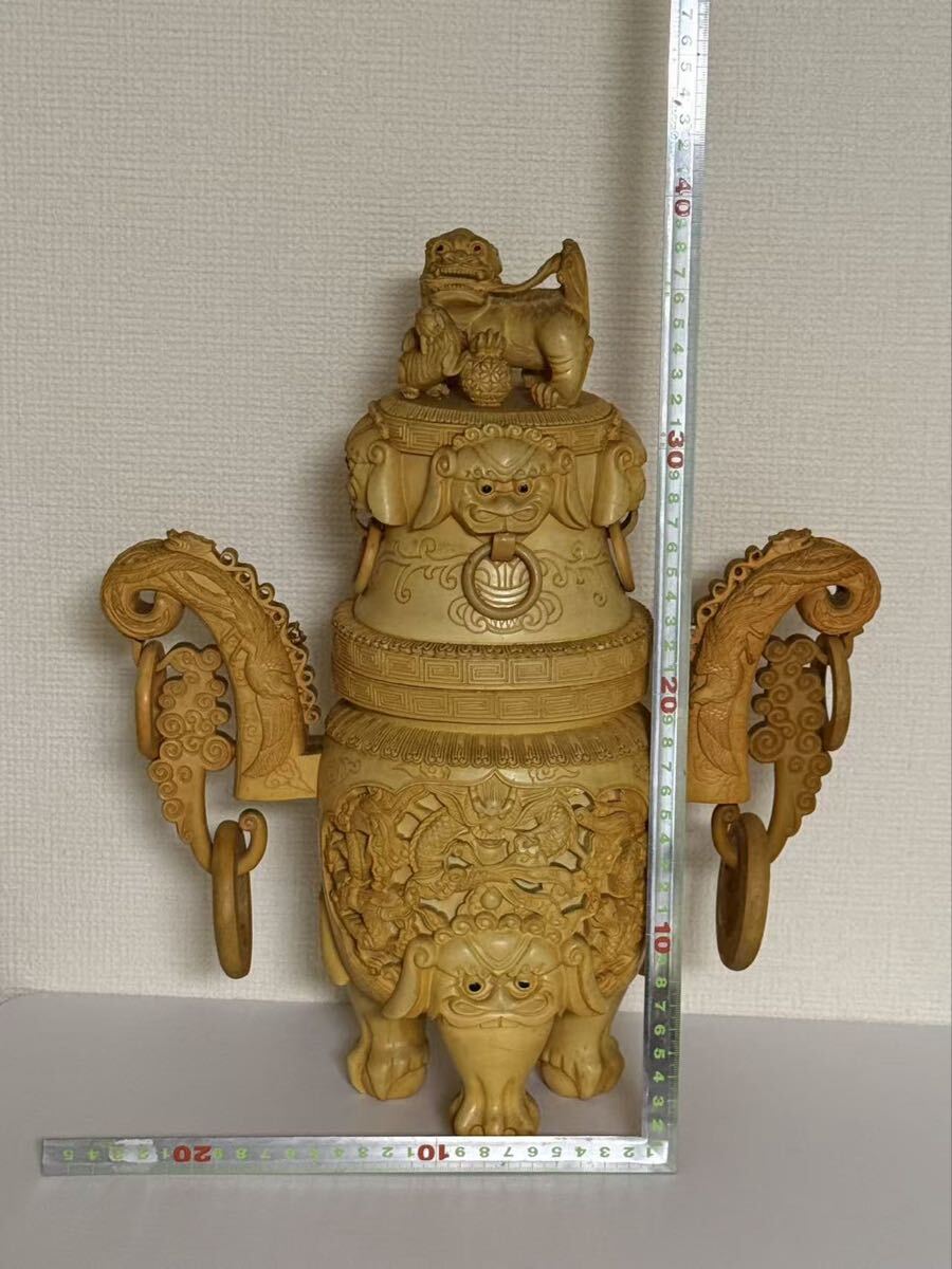 中国美術三足獅子双耳遊環龍鳳細密彫刻材質不明 香炉 置物 風水 - image 10